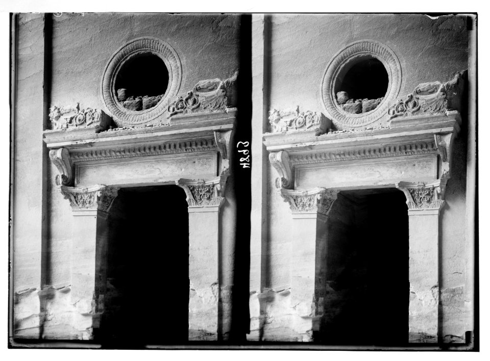 Petra (Wadi Musa). El-Khazneh. Consoled cornice, lintel and supporting pilasters of south side doorway LOC matpc.03086