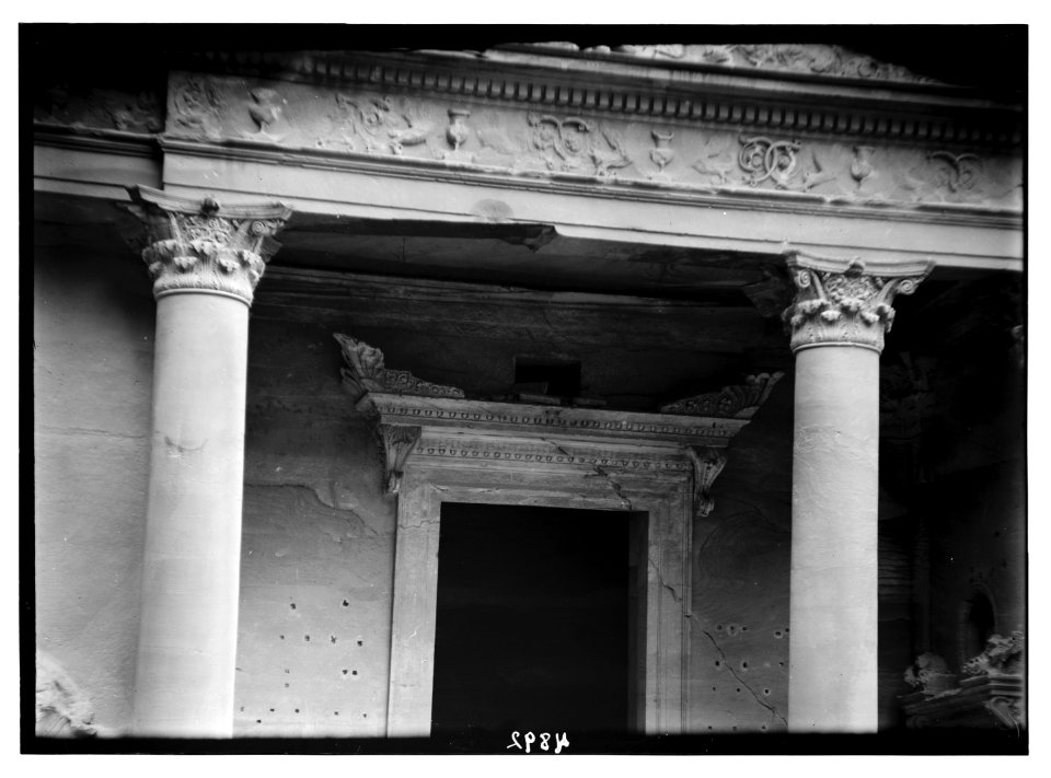 Petra (Wadi Musa). El-Khazneh. Elaborate consoled cornice. Above lintel of main doorway LOC matpc.03085