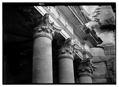 Petra (Wadi Musa). El-Khazneh. The capitals of the portico. Telephoto showing intricate details LOC matpc.03081