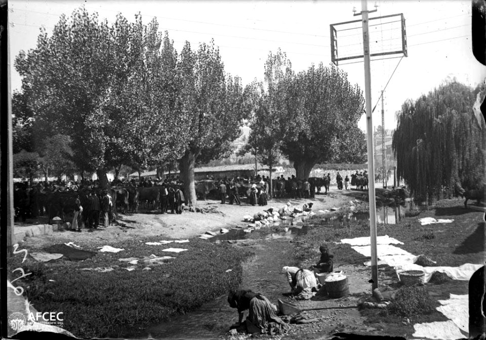 Persones i animals en una fira ramadera als afores de Redondela i en primer terme dones rentant al riu