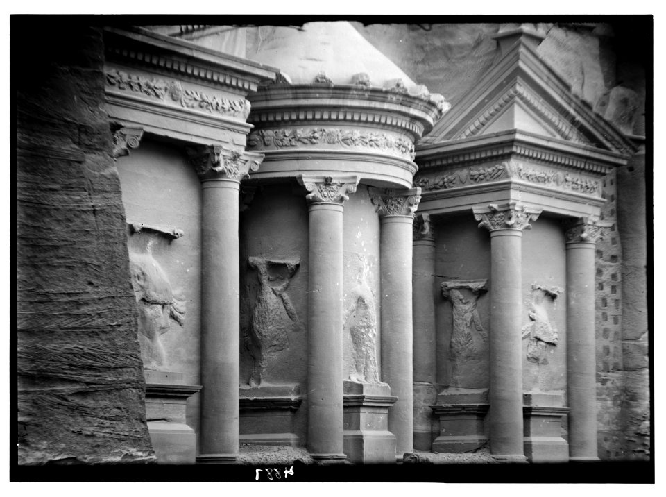 Petra (Wadi Musa). El-Khazneh. Circular tower. Telephoto showing details of figures and cornice decoration LOC matpc.03080