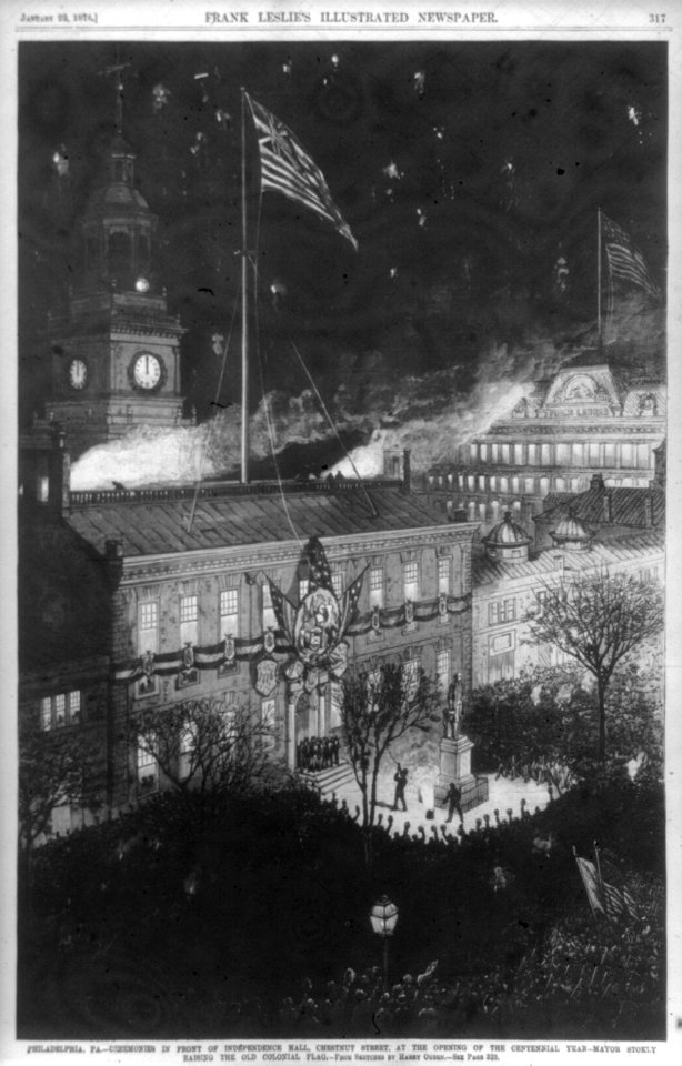 Philadelphia, Pa. - Ceremonies in front of Independence Hall, Chestnut Street, at the opening of the centennial year - Mayor Stokley raising the old colonial flag LCCN2005694775