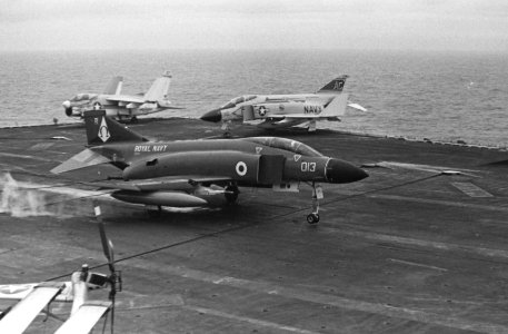 Phantom FG.1 of 892 NAS landing on USS Nimitz (CVN-68) 1975