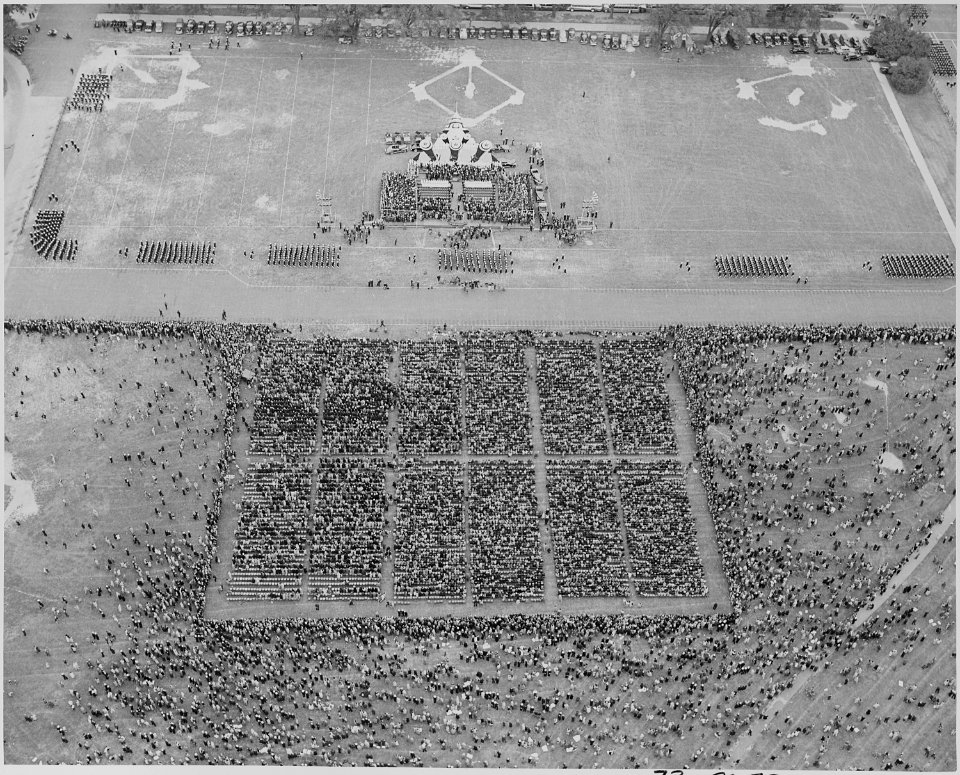 Photograph evidently taken from top of Washington Monument, of crowd assembled below for ceremonies honoring Admiral... - NARA - 199207
