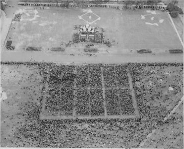 Photograph evidently taken from top of Washington Monument, of crowd assembled below for ceremonies honoring Admiral... - NARA - 199207