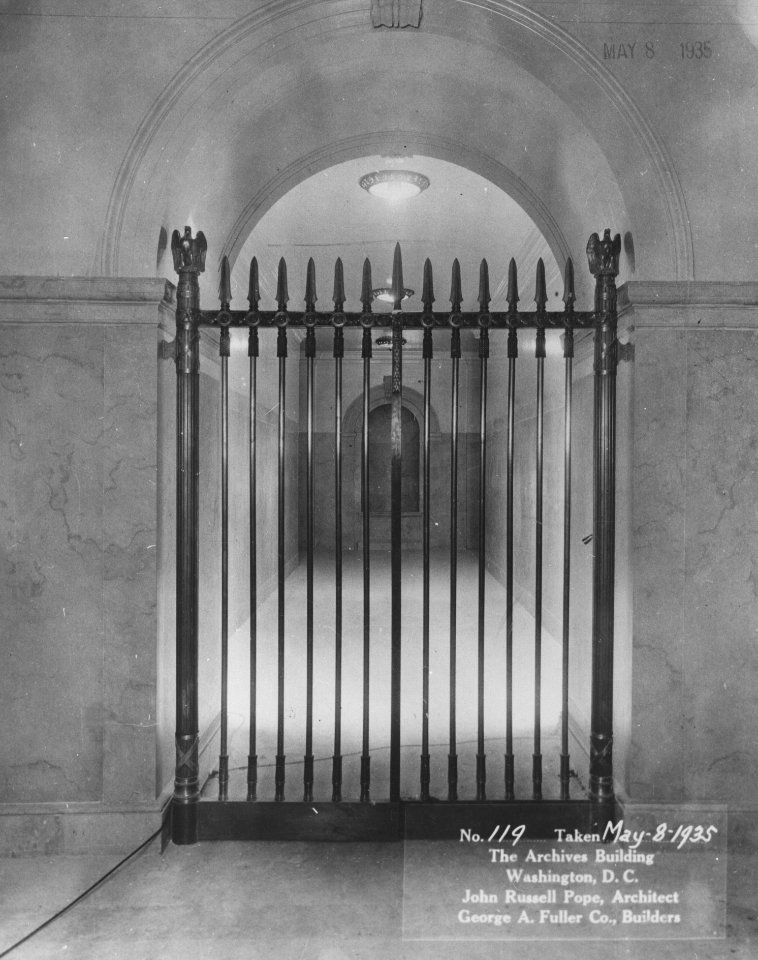 Photograph of a Bronze Gate in the Conference Room Hallway, looking toward the Corridor Around the Rotunda, in the National Archives Building (36740317455)