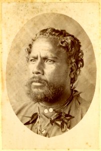 Photograph (black and white); cabinet card; portrait of a man with a moustache and beard, wearing a shirt and plant fibre necklace, in front of a plant fibre plaited mat on the wall; Polynesia. Albumen print. Oc,B43.10, British Museum