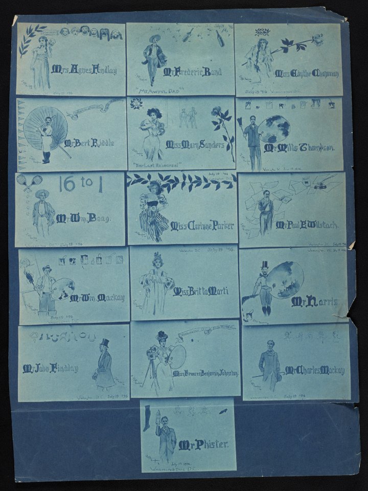Photograph of 16 place cards drawn by Mills Thompson for artists, musicians, and actors who gathered for an unidentified event in Washington, DC, on July 19, 1896 LCCN2012645950