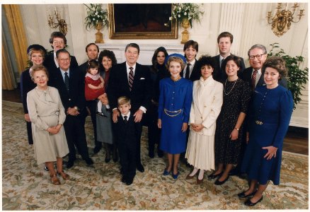 Photograph of 1985 Inaugural Family Photo, (from left to right) Bess Davis, Maureen Reagan, Dennis Revell, Michael... - NARA - 198560
