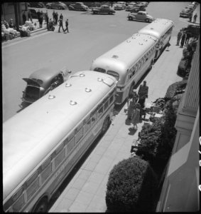 Photograph of Baggage Belonging to Evacuees of Japanese Ancestry Ready to Be Loaded into Moving Vans - NARA - 537703