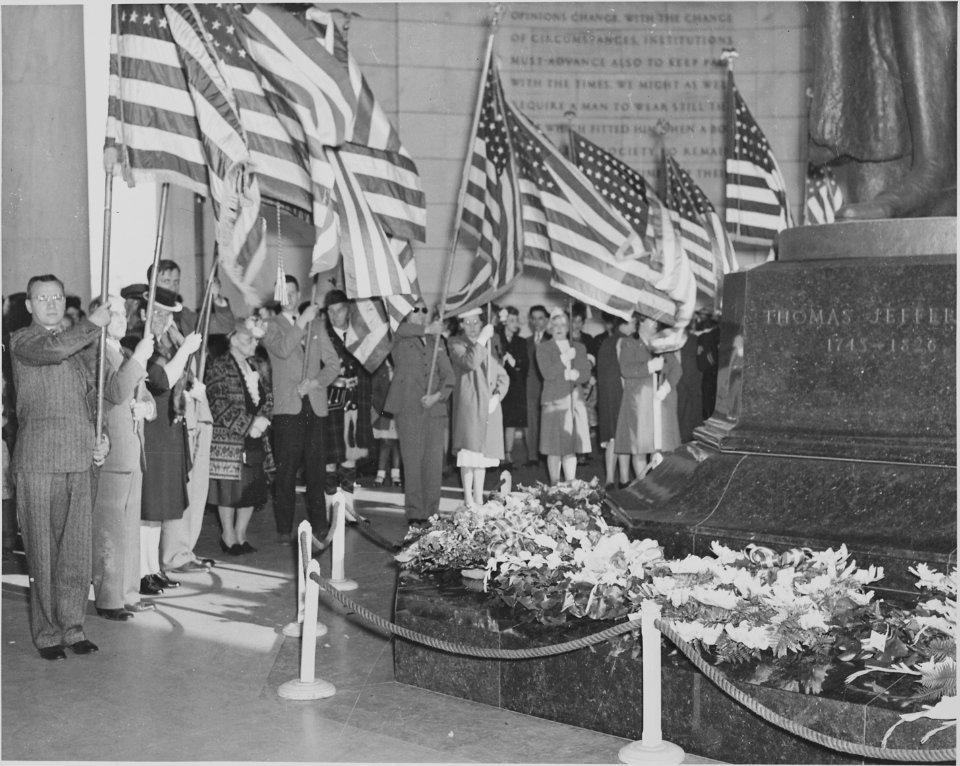 Photograph of ceremony at the Jefferson Memorial marking the 204th anniversary of the birth of Thomas Jefferson. - NARA - 199592