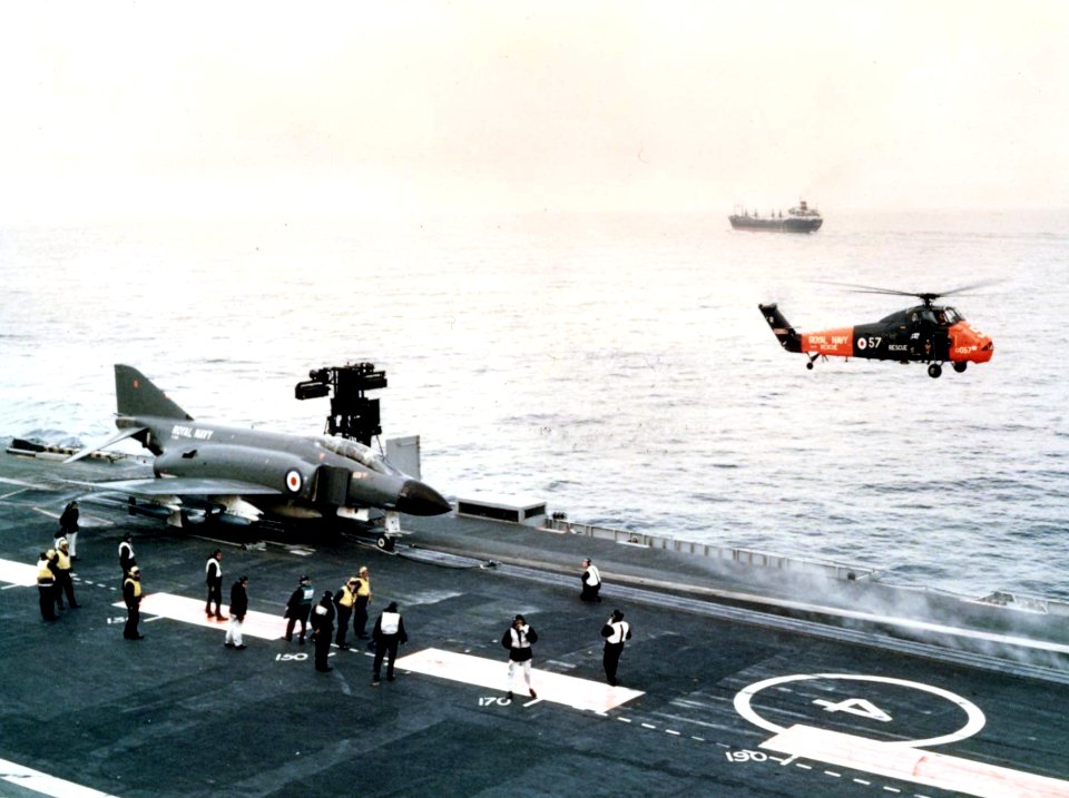 Phantom FG.1 on cat of HMS Ark Royal (R09) 1970