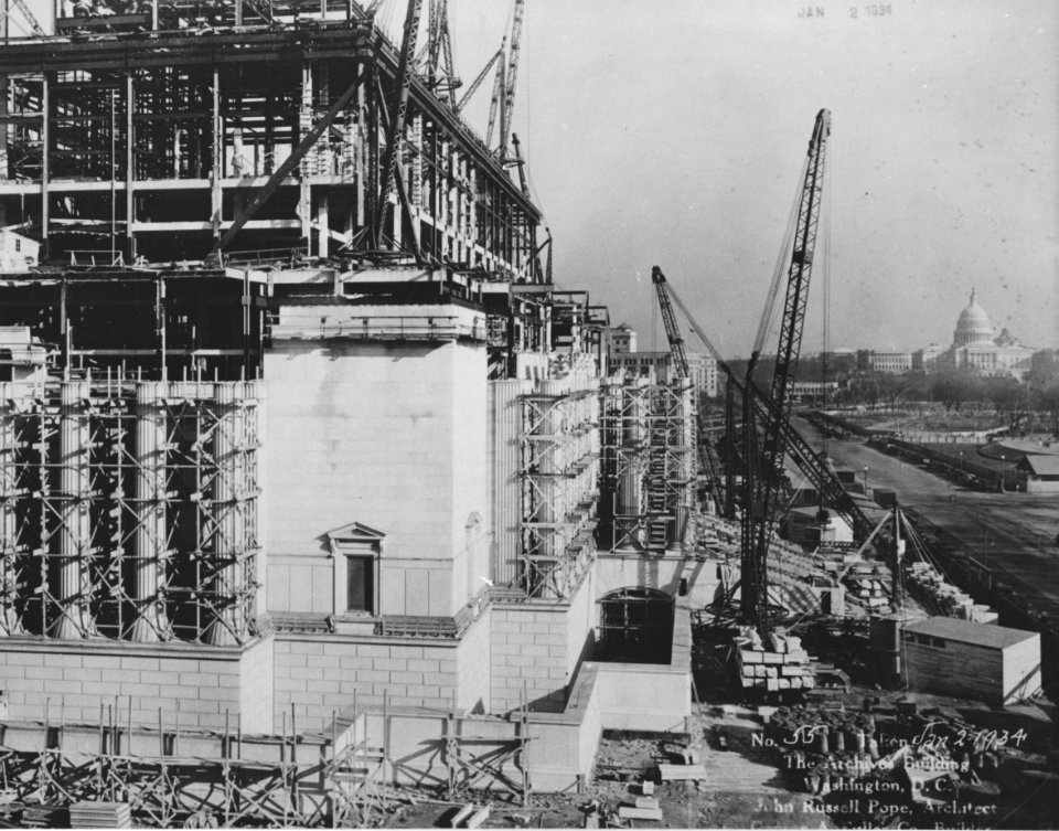 Photograph of Construction of Exterior Walls and Columns of the National Archives Building, Constitution Ave. Entrance, Washington, D.C. (35967803453)