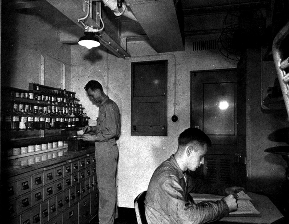 Pharmacy aboard USS Ticonderoga (CV-14), circa in 1944