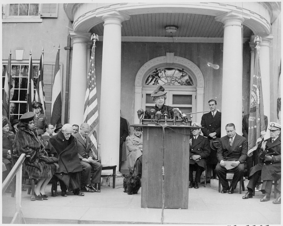 Photograph of Eleanor Roosevelt delivering an address at the dedication of Franklin D. Roosevelt's home at Hyde Park... - NARA - 199358