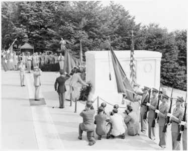 Photograph of Field Marshal Montgomery laying a wreath at the Tomb of the Unknown Soldier in Arlington National... - NARA - 199432