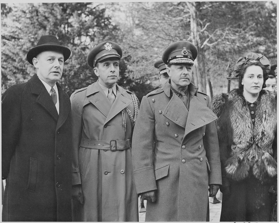 Photograph of British Field Marshal Harold Alexander and Mrs. Alexander, with two unidentified men, possibly at Mount... - NARA - 199510