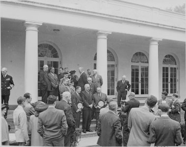 Photograph of ceremony at the White House at which President Truman presented Collier's Congressional Awards to Sen.... - NARA - 199586