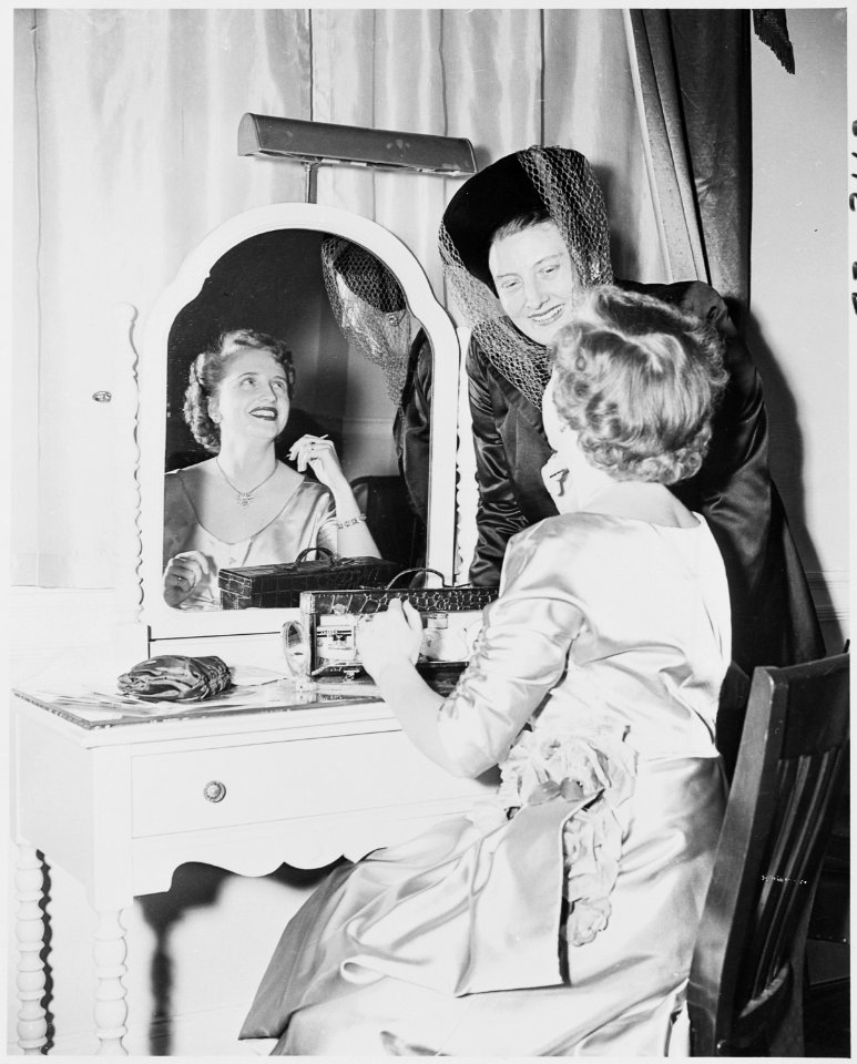 Photograph of Margaret Truman in her dressing room with her singing coach, Helen Traubel, on the occasion of... - NARA - 200135