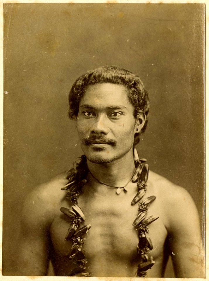 Photograph (black and white); cabinet card; portrait of a man with a moustache, an earring, a necklace with two small pendants, and a second necklace with the fruits of the pandanus tree; Oceania. Albumen print. Oc,B43.8, British Museum