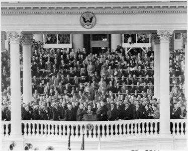 Photograph of Dwight D. Eisenhower taking the oath of office as President of the United States from Chief Justice... - NARA - 200419