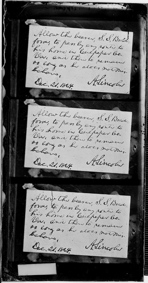 Photograph of pass, written by President Lincoln - NARA - 528211