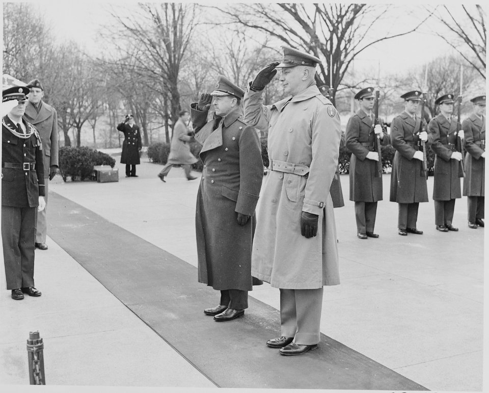 Photograph of Field Marshal Harold Alexander and an unidentified U.S. Army officer saluting at the Tomb of the... - NARA - 199507