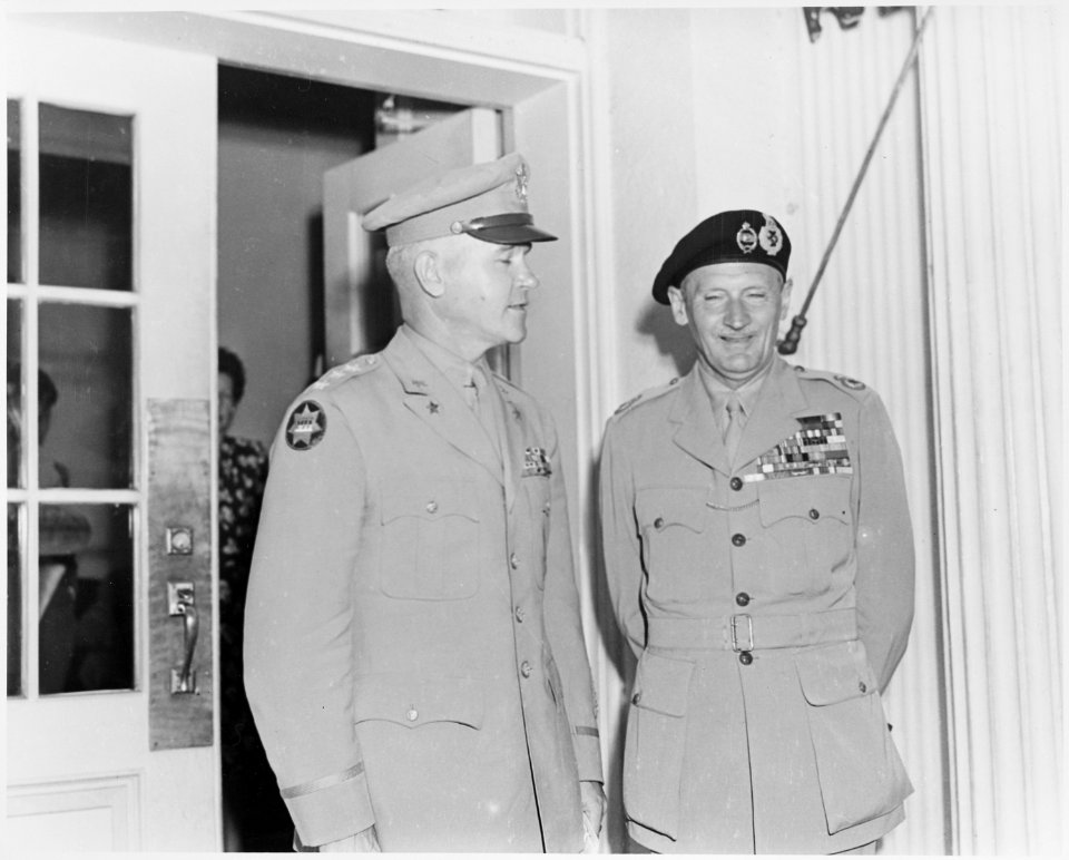 Photograph of Field Marshal Montgomery with a U.S. Army officer (probably Lt. Gen. J. Lawton Collins). - NARA - 199424