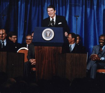 Photograph of President Reagan addressing the Annual Convention of the National Association of Evangelicals( Evil... - NARA - 198535 (cropped)