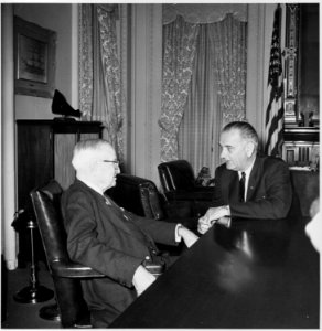 Photograph of former President Truman with President Lyndon B. Johnson, probably at the White House during the... - NARA - 200446