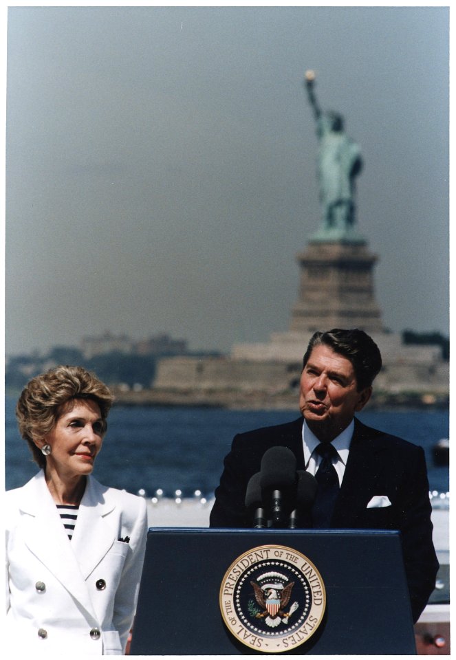 Photograph of President Reagan giving a speech on the Centennial of the Statue of Liberty, Governor's Island, New York - NARA - 198575