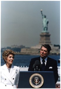 Photograph of President Reagan giving a speech on the Centennial of the Statue of Liberty, Governor's Island, New York - NARA - 198575
