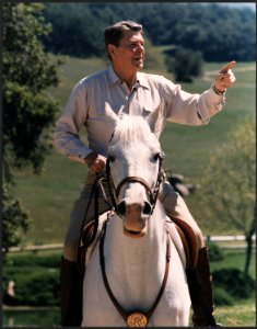 Photograph of President Reagan riding his horse El Alamein at Rancho Del Cielo - NARA - 198562