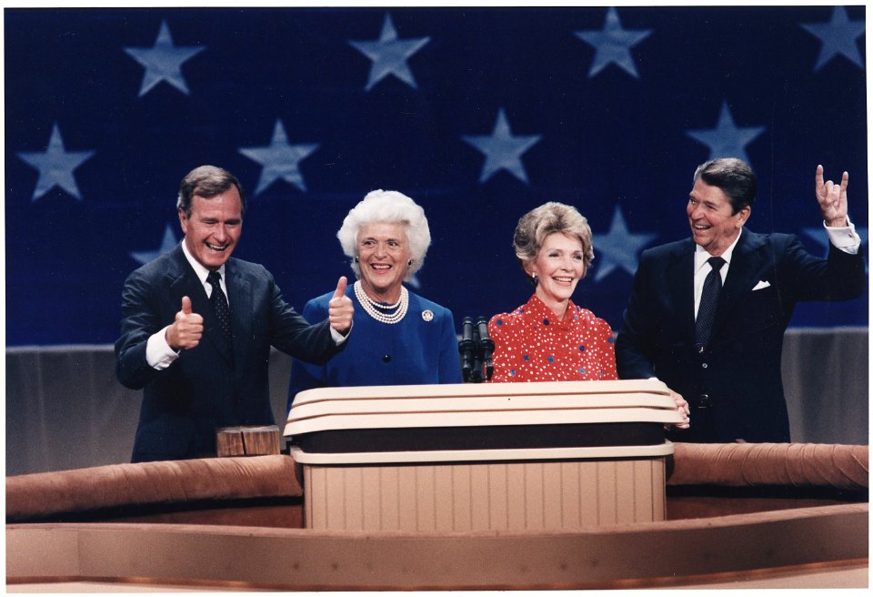 Photograph of President Reagan, Mrs. Reagan, Vice-President Bush and Mrs. Bush at the Republican National Convention... - NARA - 198552