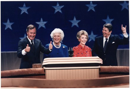 Photograph of President Reagan, Mrs. Reagan, Vice-President Bush and Mrs. Bush at the Republican National Convention... - NARA - 198552