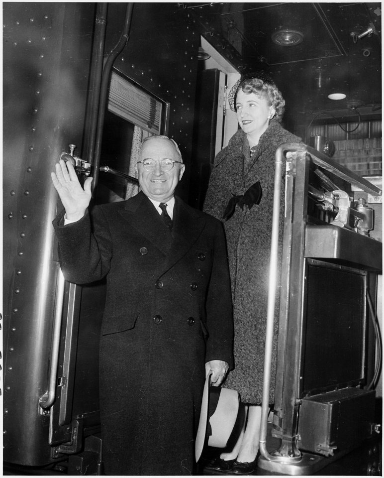 Photograph of President Truman and his daughter Margaret on board a railroad car, during their trip to Philadelphia... - NARA - 200401