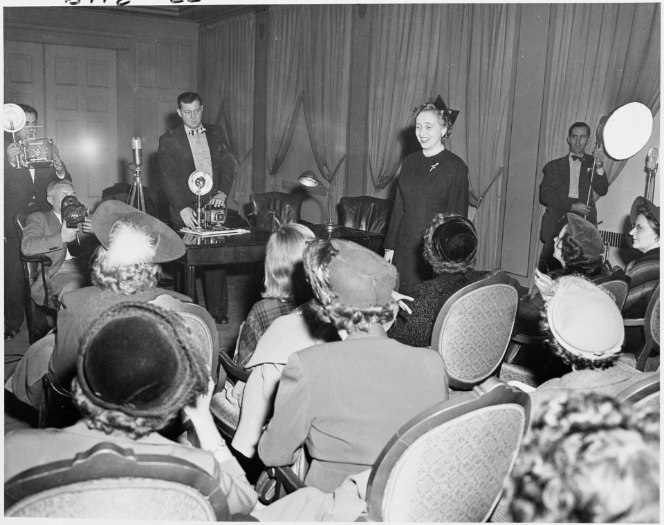 Photograph of Margaret Truman at a press conference prior to her concert at Washington's Constitution Hall. - NARA - 200137