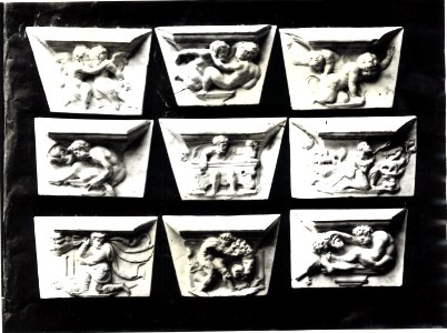 Photograph of nine plaster casts of misericords from the choir stalls of the Grote of Onze-Lieve-Vrouwekerk in Dordrecht Cuypershuis 0687a (036)