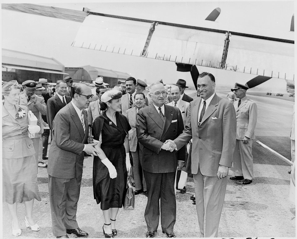 Photograph of President Truman greeting President Galo Plaza of Ecuador at Washington National Airport, upon Galo... - NARA - 200300