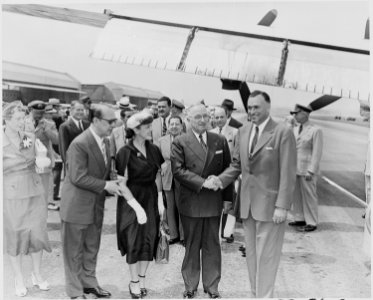 Photograph of President Truman greeting President Galo Plaza of Ecuador at Washington National Airport, upon Galo... - NARA - 200300