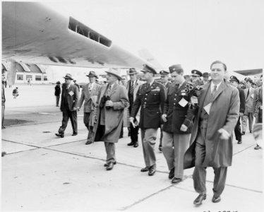 Photograph of President Truman inspecting aircraft, Northrop B-49, during an air show at Andrews Air Force Base... - NARA - 200093