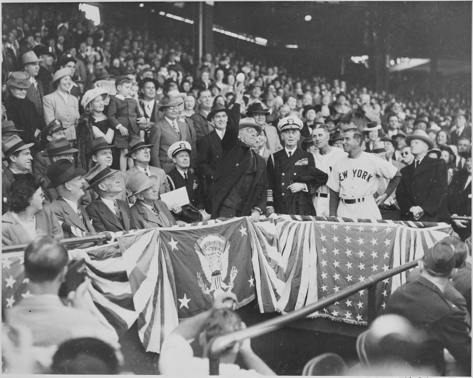 Photograph of President Truman preparing to throw out the first ball of the 1947 baseball season at Washington's... - NARA - 199581