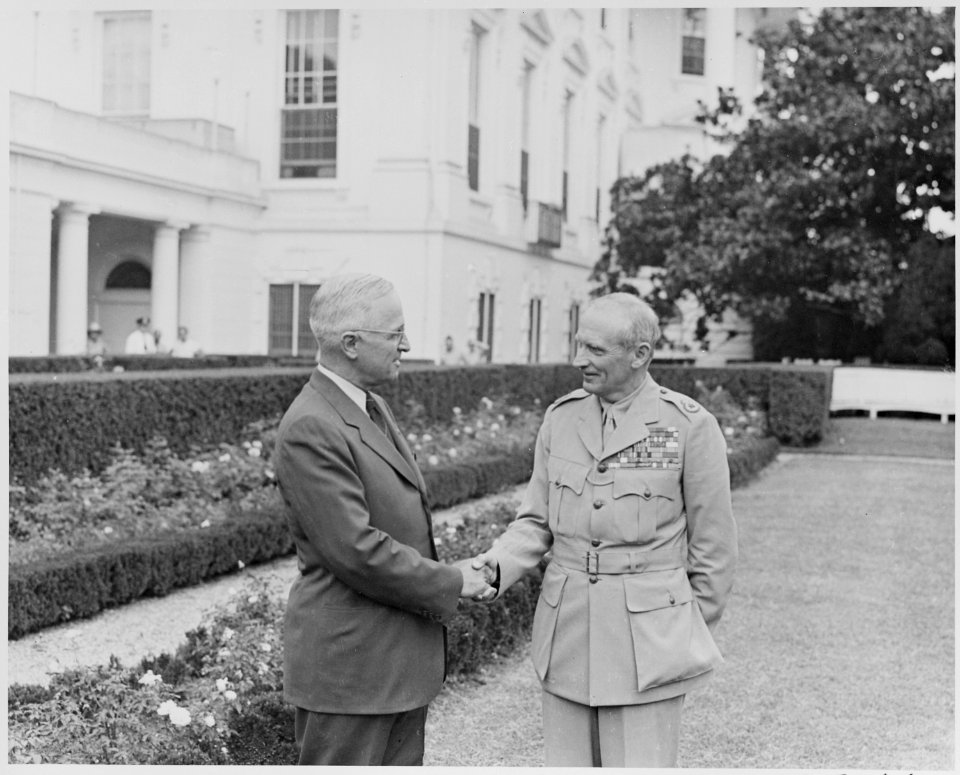 Photograph of President Truman shaking hands with Field Marshal Bernard Montgomery, Chief of the Imperial General... - NARA - 199419