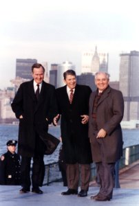 Photograph of President Reagan and Vice-President Bush meeting with General Secretary Gorbachev on Governor's Island... - NARA - 198596 photo