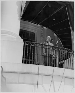Photograph of President Truman speaking from the South Portico of the White House on the occasion of Fred Vinson's... - NARA - 199378