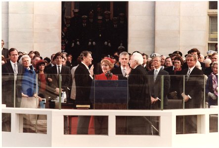 Photograph of President Reagan being sworn in on Inaugural Day, U.S. Capitol - NARA - 198506