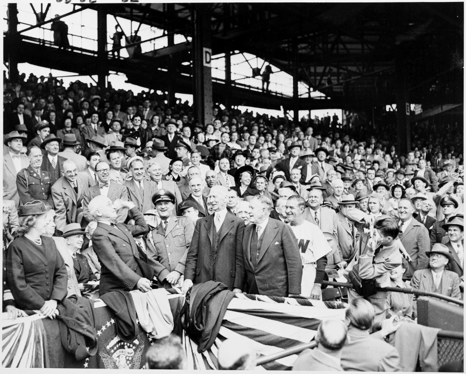 Photograph of President Truman throwing out the first ball at the opening game of the baseball season, at Griffith... - NARA - 200202