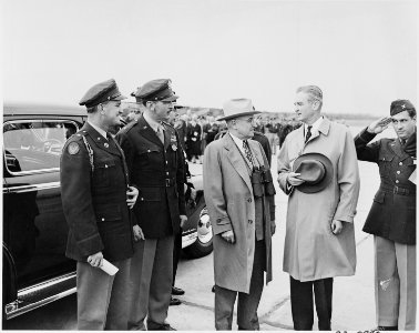 Photograph of President Truman with Secretary of the Air Force Stuart Symington, at an air show at Andrews Air Force... - NARA - 200086