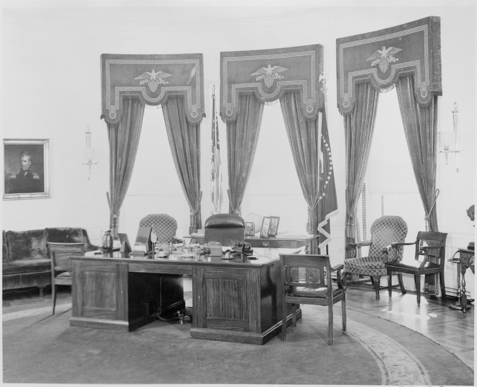 Photograph of President Truman's desk in the Oval Office of the White House. - NARA - 199457