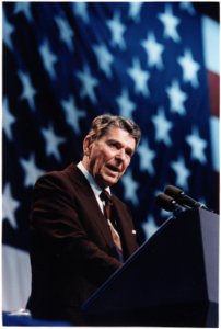 Photograph of President Reagan speaking at a Rally for Representative Broyhill in Greensboro, North Carolina - NARA - 198574